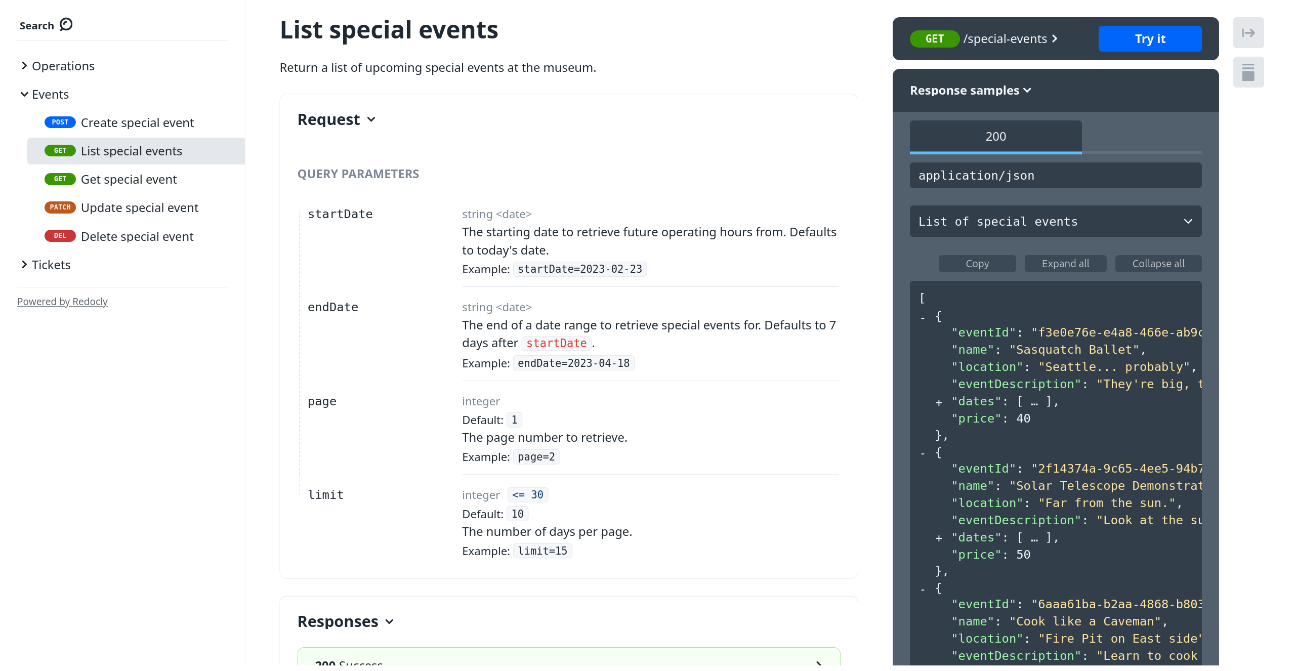 Redocly API reference docs with Operations, Events and Tickets as navigation sections