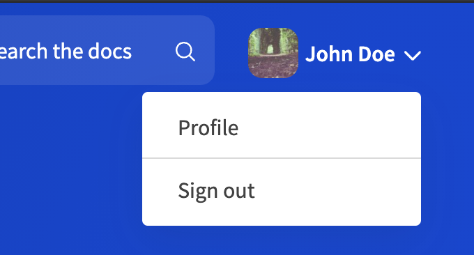 Login component in the portal navbar with user avatar and user label configured